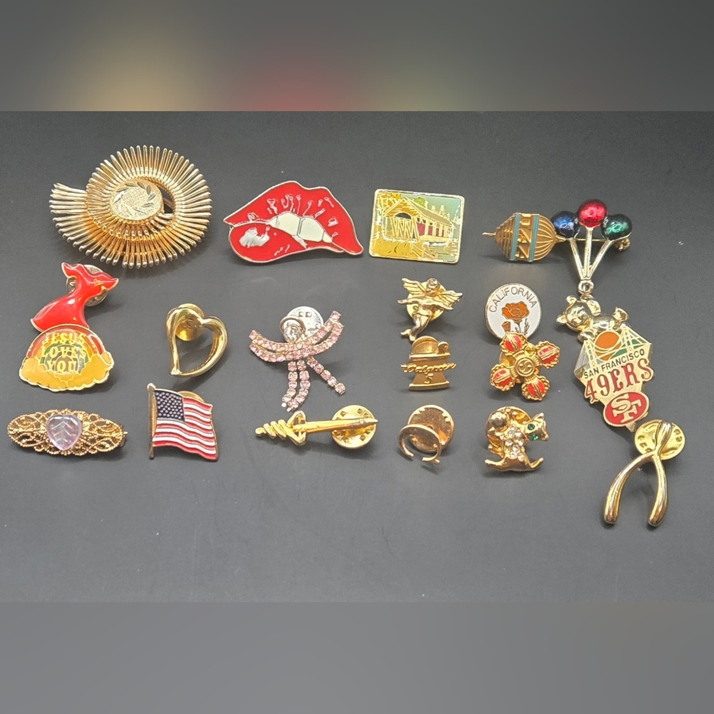 Mixed Vintage Gold Tone Enamel Pin Collection with Red & Pink Accents